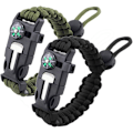 Miniatyrbillede 1 af 5: Overlevelses Paracord Armbånd Flint Ildstarter Skraber Kompas Vildmarks Overlevelses Fløjte Justerbart Armbånd 2-pak Sort & Armygrøn