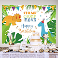 Pikkukuva 5 / 5: 7x5ft Dinosauritausta Onnellinen Syntymäpäivä Piirretty Dinosaurukset Teema Syntymäpäiväjuhliin Lapsille Vauvalle Uudelle Syntyneelle Pojille Tytöille Trooppinen Dschungel