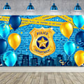 Miniatyrbild 1 av 5: Polis Bakgrund Polis Tema Grattis på födelsedagen Festdekorationer Polisavdelning Badge Blå Tegelvägg Fotobakgrund För Polis Festtillbehör