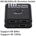 Miniatyrbillede 3 af 4: 8K 60Hz HDMI-switch med splitter, dobbeltrettet 1x2/2x1, tovejs HDMI-kompatibel switcher-vælger 2 ind 1 ud til projektor PS4/3 Xbox TV-boks switcher-adapter