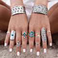 Miniatyrbillede 1 af 5: Boho Knuckle Rings Sæt Sølv Turkis Stabelbare Fingerringe Justerbare Åbne Ringe Midi Størrelse Led Knuckle Ring Sæt til Kvinder og Piger 9 stk