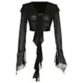 Miniatyrbillede 1 af 5: Dame Tie Front Bell Lange Ærmer Bluse Gennemsigtig Mesh Crop Top, Ensfarvet Lange Ærmer, Sort L