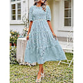 Miniatyrbilde 2 av 5: Dame 2023 Sommer Puff Erme Smock Blomsterkjole Rund Hals Blonde Midi Kjoler Casual Kjoler For Damer