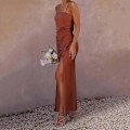 Pikkukuva 3 / 5: Naisten satiininen maxi-mekko - Ribbed sivuhaara - Mesh yksi olkapää - Juhla- ja cocktailmekko - Off Shoulder