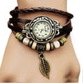 Retro Multilayer Löv Hänge Pärla Flätad Konstläder Quartz Armbandsur
