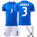Miniatyrbillede 1 af 2: 25 Italien Hjemme Blå Nr. 3 Dimarco Fodboldtrøje Børn Voksen Sæt Nr. 3 Dimarco Nr. 3 Dimarco Nr. 3 Dimarco No. 3 Dimarco 20（110-120CM)