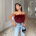 Miniatyrbillede 1 af 3: 1 stk. Dame Mode Fluffy Pels Smock Top Alsidig Fjer Top Beklædning wine red S