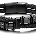 Miniatyrbillede 3 af 5: Herre Dobbelt-Række Sort Flettet Læder Armbånd Bangle Armbånd w