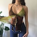 Miniatyrbillede 2 af 5: Kvinde Dyb V-hals Halter Crop Top Binde Bag Print Y2k Tank Top W