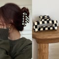 Miniatyrbilde 3 av 5: Rutete hårklemme, klo-bananklemmer for tykt hår svart hvitt