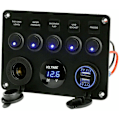 Miniatyrbillede 1 af 5: 5 Gangs vippekontaktpanel, dobbelt USB-udtag 12V oplader strømudtag LED-voltmeter til bil, båd, autocamper, autocamper (blå) -