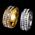 Miniatyrbillede 2 af 5: Ring Bred-bredde Fadeless Titanium Stål Dobbelt Rhinestone Unisex smykker til bryllupsfest Silver US 11