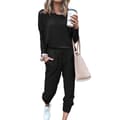 2-delt Dametøj Loungewear Sæt Strækbart Langærmet Skjorte Bukser Sort XL
