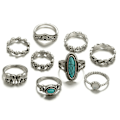 Pikkukuva 1 / 2: 9kpl/ set Boho Stack Elephant Flower Faux Turquoise Midi Sormussormukset