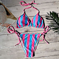 Miniatyrbild 3 av 4: kvinnor Sexig Bikini String Set Vadderad Push Up Badkläder Sommar Beach Baddräkt Striped Blue Pink M