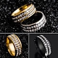 Miniatyrbillede 2 af 4: Ring Bred-bredde Fadeless Titanium Stål Dobbelt Rhinestone Unisex smykker til bryllupsfest Silver US 7