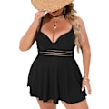 Miniatyrbillede 3 af 3: Plus Size Fashion Badetøj, Kvinders Plus Solid Lace Up Hollow Out Ruffle Hem One Piece Badetøj 2XL