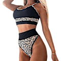 Miniatyrbillede 1 af 5: kvinder Badedragt High Waist Bikini Sæt Patchwork Sommer Beachwear Badetøj Leopard M