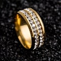 Miniatyrbillede 4 af 5: Ring Bred-bredde Fadeless Titanium Stål Dobbelt Rhinestone Unisex smykker til bryllupsfest Black US 8