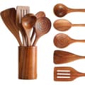 Healthy Kitchen Utensil Set, Wooden Utensils and Wooden Storage Container (6-Pack)