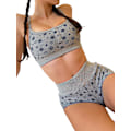Pikkukuva 3 / 5: Naisten 2-osainen kukallinen setti Y2k pitkähihainen crop-top ohut T-paita korkeavyötäröiset shortsit asut loungewear Gray M