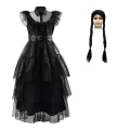 Miniatyrbillede 1 af 5: 2023 Ny Cosdaddy Wednesday Addams Familie Cosplay Kostume Kjole Børn Piger Sort Kjole Paryk Halloween Kostume T4 150