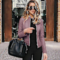 Miniatyrbild 1 av 5: Solid Fall Kvinna Cykeljacka Konstläder Ytterplagg Dragkedja Outfit Vår Höst Kvinna Mode Kort Tunn Kvinna Jacka Kappa Snabb Style B Light Purple M
