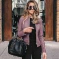 Miniatyrbillede 1 af 5: Solid Efterårs Kvinder Cykeljakke Kunstlæder Overtøj Lynlås Outfit Forår Efterår Kvinder Mode Kort Tynd Kvinde Jakke Frakke Hurtig Style B Light Purple XXL