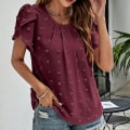 Miniatyrbilde 5 av 5: Dame T-skjorte Rund Hals Chiffon Topper Polka Dot Tunika Bluse Casual Blomst-Erme Tee Wine Red S