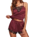 Miniatyrbild 3 av 5: Dam Pyjamas Set Löst Avslappnat Ärmlöst Hemkläder Set Mode Bekvämt Spets Nattkläder Wine Red XL