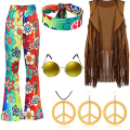 Miniatyrbillede 3 af 4: 70'er Hippie Party Retro Kostume Tassel Vest+bukser+sjal Sæt legging S