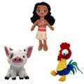 Setti, jossa 3 pehmolelua Moana 2 pehmolelua Moana-prinsessanukkeja, papukana-porsasnukkeja