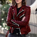 Miniatyrbillede 1 af 5: Solid Efterårs Kvinder Cykeljakke Kunstlæder Overtøj Lynlås Outfit Forår Efterår Kvinder Mode Kort Tynd Kvinde Jakke Frakke Hurtig Style A Wine Red 4XL