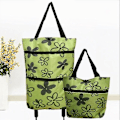 Miniatyrbillede 1 af 5: 2 i 1 Foldbar Indkøbsvogn Sammenklappelig To-trins Lynlås Foldbar Indkøbspose Med Hjul Green Flower
