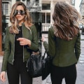 Miniatyrbilde 1 av 5: Solid Fall Kvinne Sykkeljakke Kunstlær Yttertøy Glidelås Antrekk Vår Høst Kvinne Mote Kort Tynn Kvinne Jakke Frakk Rask Style B ArmyGreen XL