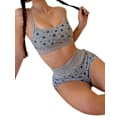 Pikkukuva 5 / 5: Naisten 2-osainen kukallinen setti Y2k pitkähihainen crop-top ohut T-paita korkeavyötäröiset shortsit asut loungewear Gray L