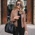 Miniatyrbilde 1 av 5: Solid Fall Kvinne Sykkeljakke Kunstlær Yttertøy Glidelås Antrekk Vår Høst Kvinne Mote Kort Tynn Kvinne Jakke Frakk Rask Style B Khaki 5XL