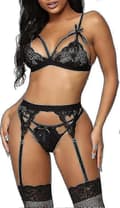 Dame blonde strømpebånd undertøyssett Black 2XL