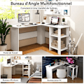 Miniatyrbillede 3 af 4: COSTWAY L-formet hjørneskrivebord - L 130 x D 130 x H 74 CM - 2-lags opbevaringshylder - Moderne - Hvid Vit