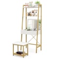 Miniatyrbild 1 av 4: COSTWAY Scandinavian Sminkbord - hopfällbar spegel, pall - Sminkbord - 2 öppna hyllor, dolt förvaringsutrymme - guld