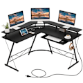 Miniatyrbillede 1 af 4: COSTWAY Computer Hjørneskrivebord - Skærmstativ, Strømstik, Tastaturbakke, Hovedtelefonkrog, Sort Svart
