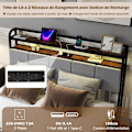 Miniatyrbillede 4 af 6: Lys Plattform 140 x 200 cm COSTWAY, LED-belysning, Opladningsstation, Polstret Hovedgærde i Linned med 2-niveau Opbevaring Rustik kastanjebruna och svart och 