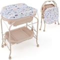 Miniatyrbillede 1 af 4: COSTWAY puslebord med 20 l badekar 4 i 1 folde 4 hjul, 1 m slange, beige vandtæt PVC pude opbevaringsbakke Beige, vit och grå