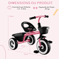 Miniatyrbillede 3 af 6: COSTWAY Trike til Barn med Pedaler, Justerbart Sæde, Opbevaringskurve, Robust Kulstofstål, 4 EVA Hjul, 1,5 til 5 År, Lyserød