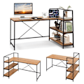 Miniatyrbillede 1 af 4: COSTWAY Hjørnecomputerbord 148 x 100 x 90 cm, med åbne opbevaringshylder, Vendbar, Maks. 120 kg, Valnød Valnöt