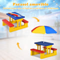 Miniatyrbillede 2 af 4: COSTWAY Børnehavemøbelbord og 2 bænke med parasol til picnics for op til 4 børn Gul+Rød+Blå Gul+Röd+Blå