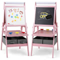 Miniatyrbillede 1 af 6: COSTWAY Kunstnerstaffeli 3 i 1 - Magnetisk Tavle i Sort & Hvid, Papirrulle & 2 Stofbeholdere til Børn 3-6 År Rosa Grön