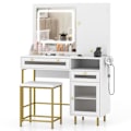 Miniatyrbillede 1 af 6: Ensemble Coiffeuse og Taburet COSTWAY, LED Spejl med 3 Farver, Laderenhed, Smykke Skab og 3 Skuffer, Ideel Gave Vit