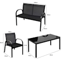 Miniatyrbillede 4 af 4: COSTWAY Havegruppesæt til 4 personer, 2 Stole, 1 Sofa og 1 Glas Kaffebord, UV-beskyttende Textilene-stof, Sort