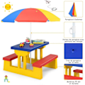 Miniatyrbillede 3 af 4: COSTWAY Børnehavemøbelbord og 2 bænke med parasol til picnics for op til 4 børn Gul+Rød+Blå Gul+Röd+Blå